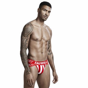 Detailed view of red and white striped jockstrap with elastic logo waistband for men