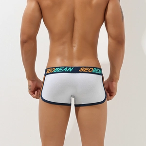 Detailed back view of men's athletic boxer briefs with contrast stripes and elastic waistband