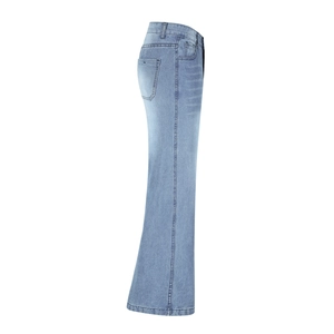 Side view of high-waisted light blue flare jeans showing belt loops and pocket detail
