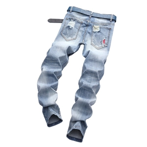 Men's light blue slim fit distressed denim jeans with belt and ripped detailing