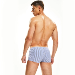 Detail shot of men's woven striped boxer shorts showing premium fabric and back fit