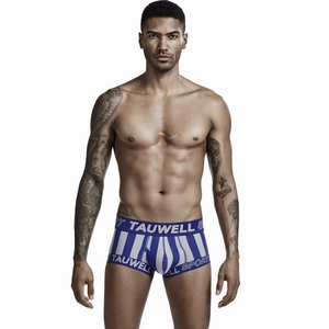 Detail of men's low-waisted boxer briefs with vertical blue and white stripes and logo