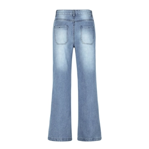 Back view of high waisted wide leg jeans in light blue denim with distressed finish