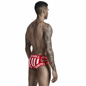Rear view detail of men's jockstrap showing red and white vertical stripes and elastic band