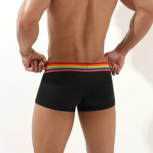 Rear view of men's black boxer briefs featuring a colorful rainbow elastic waistband