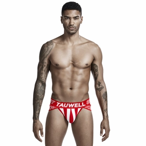 Close-up of red and white striped jockstrap with wide elastic TAUWELL SPORT waistband