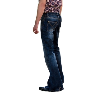Men's dark blue flared jeans with vintage wash effect and decorative back pocket stitching