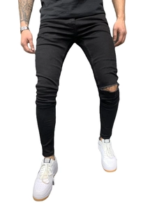Jean skinny noir déchiré pour homme avec déchirure au genou et denim élastique