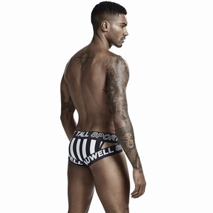Detailed back view of men's striped athletic briefs featuring double waistband design