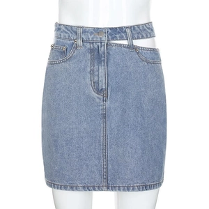 Jupe en jean bleu clair à taille haute pour femme avec découpe latérale élégante
