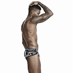 Side view of men's jockstrap showing vertical stripes and elastic waistband for sports