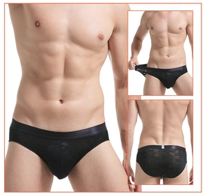 Vues détaillées du slip noir pour homme avec taille en satin et motifs de lèvres