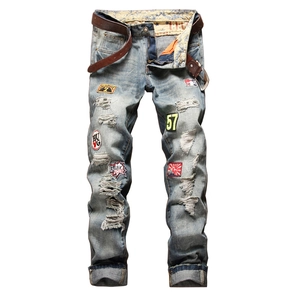 Men American Vintage Straight Denim Jeans With Belt Retro Ripped Distressed Patchwork Blue Cotton Trousers Streetwear