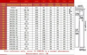 Detailed size chart for men's floral embroidered ripped jeans from size 27 to 46 in CM