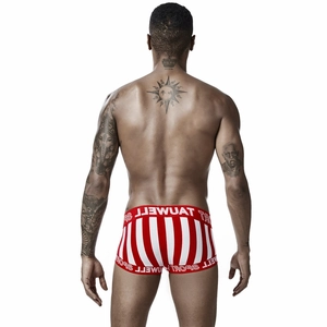 Men's low-rise sexy boxer briefs featuring red and white vertical stripes and elastic waistband