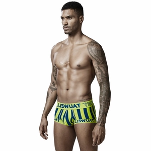Men's low-rise striped boxer briefs in neon yellow and navy blue with Tauwell logo