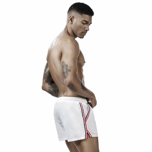 Men's white athletic shorts with side stripes and elastic waistband for fitness training