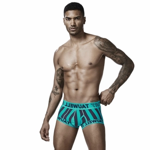 Men's low rise sexy turquoise striped boxer briefs with black elastic sport waistband