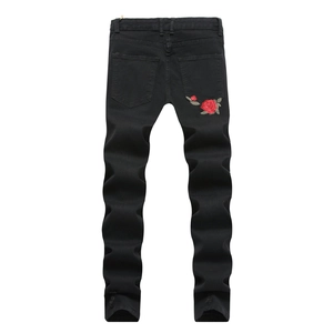Men's Ripped Jeans Black Slim Fit Embroidered Rose Denim Pants Distressed Streetwear Punk Style Casual Long Trousers For Men