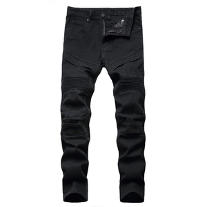 Jeans Motard Homme Mélange Coton Plis Accordéon Genou Coutures Nervurées Coupe Slim Pantalon Denim Moto Décontracté