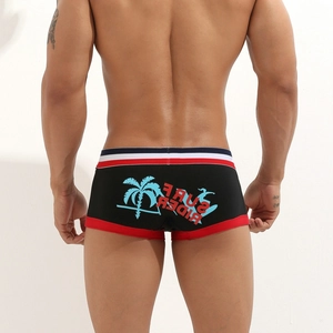 Men's low rise black boxer briefs with Surf Rider print and striped waistband