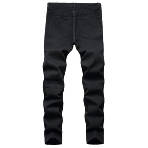 Jean moto homme noir coupe ajustée avec détails plissés aux genoux et poches arrière