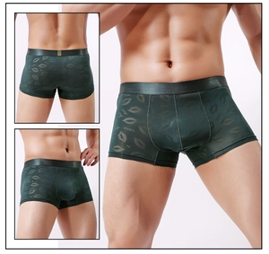 Détail de boxer pour homme vert foncé avec imprimé lèvres et ceinture élastique noire confort
