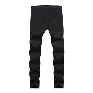 Back view of men's black slim fit denim pants with rose embroidery and ripped details