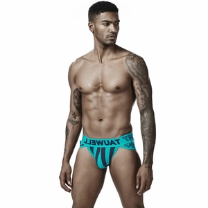 Men's turquoise jockstrap with black vertical stripes and a wide sporty elastic waistband