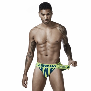 Men's sexy jockstrap with vertical neon green and navy stripes for athletic sports