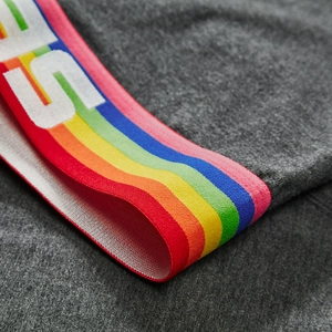Close-up of men's dark grey boxer briefs featuring a vibrant rainbow striped waistband