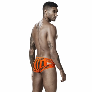 Men's sexy striped briefs in orange and black with elastic waistband and hollow out back