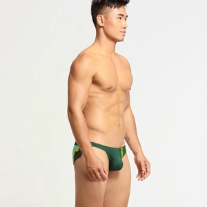 Vista dettagliata degli slip da uomo verde scuro a vita bassa con strisce sportive