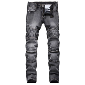 Jean biker slim pour homme en gris anthracite avec délavage vintage et panneaux plissés aux genoux