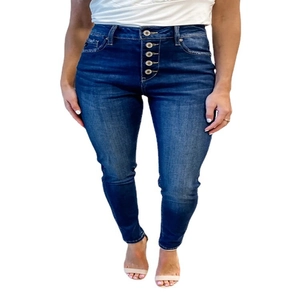 Slim fit high waisted dark blue denim jeans with five-button fly and washed finish