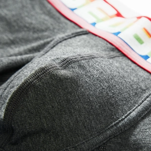 Macro view of men's dark grey boxer briefs with red waistband and 3D U-pouch detail