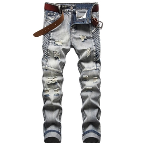 Men's slim fit light blue distressed jeans with patchwork and brown leather belt included