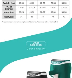 Size guide for men's color-block boxer briefs with weight and waist measurements