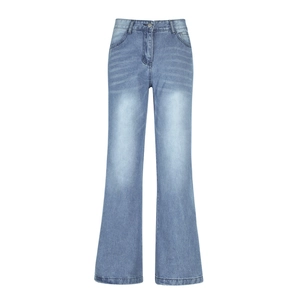Women high waist wide leg blue jeans with vintage wash and flared silhouette