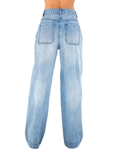 Women's light blue high waisted wide leg denim jeans with classic back pockets