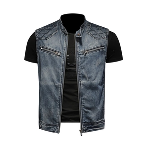 Men's retro mid-blue denim vest with stand collar and quilted shoulders in white background