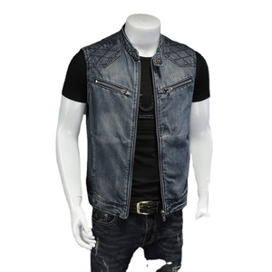 Men's casual blue denim vest with stand collar and quilted shoulder details