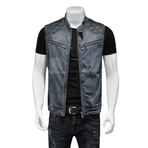 Men's washed denim vest with stand collar, quilted shoulders and metal zip pockets
