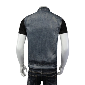 Men's vintage dark blue denim vest with stand collar and distressed back details