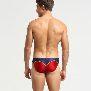 Vue arrière du maillot de bain homme bicolore rouge et bleu marine avec liseré doré