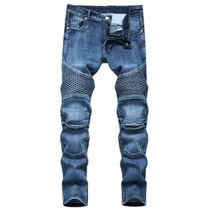 Jeans Style Biker pour Hommes en Mélange de Coton Délavé Avec Panneaux Plissés Coupe Ajustée Pantalon en Denim Moto pour Hommes Streetwear Décontracté Avec Ceinture