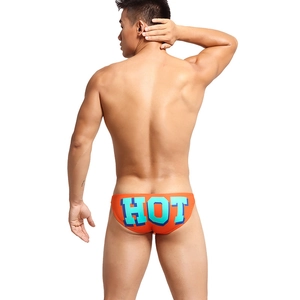 Slip da nuoto uomo arancione brillante con stampa HOT sul retro e finitura lucida