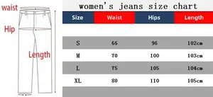 Detaillierte Größentabelle für Damen-Jeans mit Taillen- und Hüftmaßen in Zentimetern