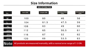 Detailed size chart for men's denim jacket showing chest, length, and shoulder measures