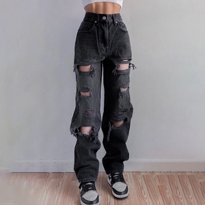 Detailansicht der High-Waist-Jeans mit weitem Bein und Rissen in verwaschenem Dunkelgrau